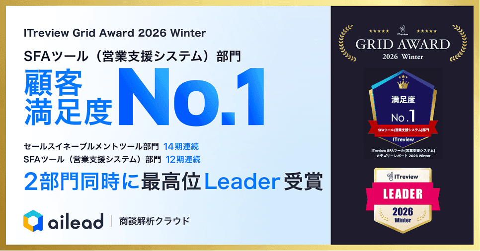 商談解析クラウド ailead、「ITreview Grid Award 2026 Winter」で2部門同時に最高位「Leader」を受賞 ~セールスイネーブルメント部門14期連続、SFAツール部門12期連続受賞と満足度No.1を獲得~